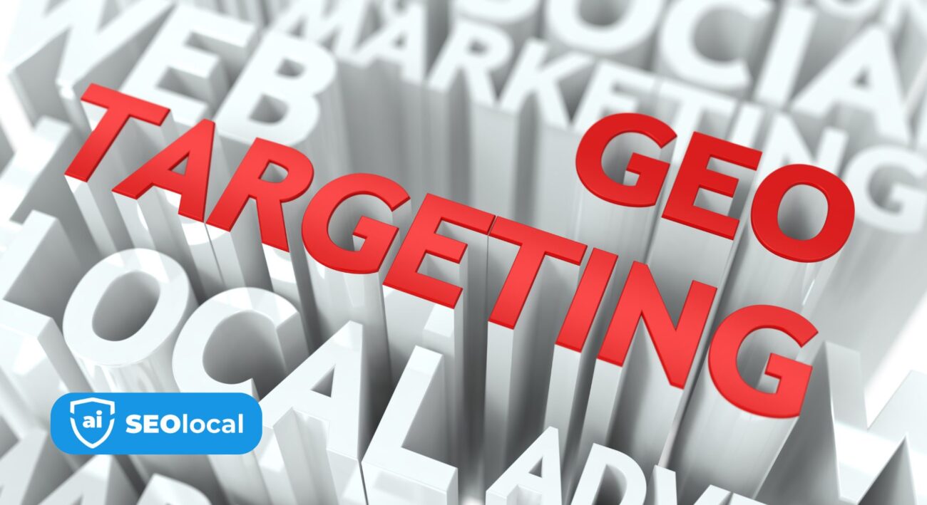 Geo-targeting text in bold red, surrounded by keywords related to local marketing and SEO, with SEOLocal logo in blue.