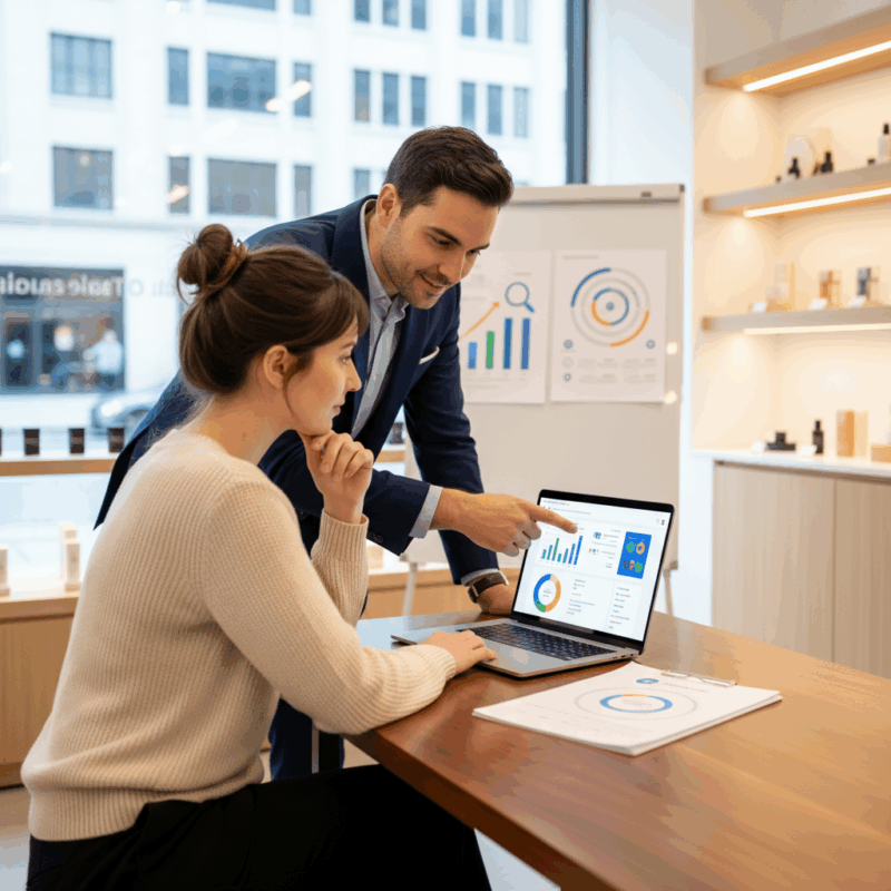 Professional local SEO consultant demonstrating services to small business owner in retail storefront using laptop and printed materials.