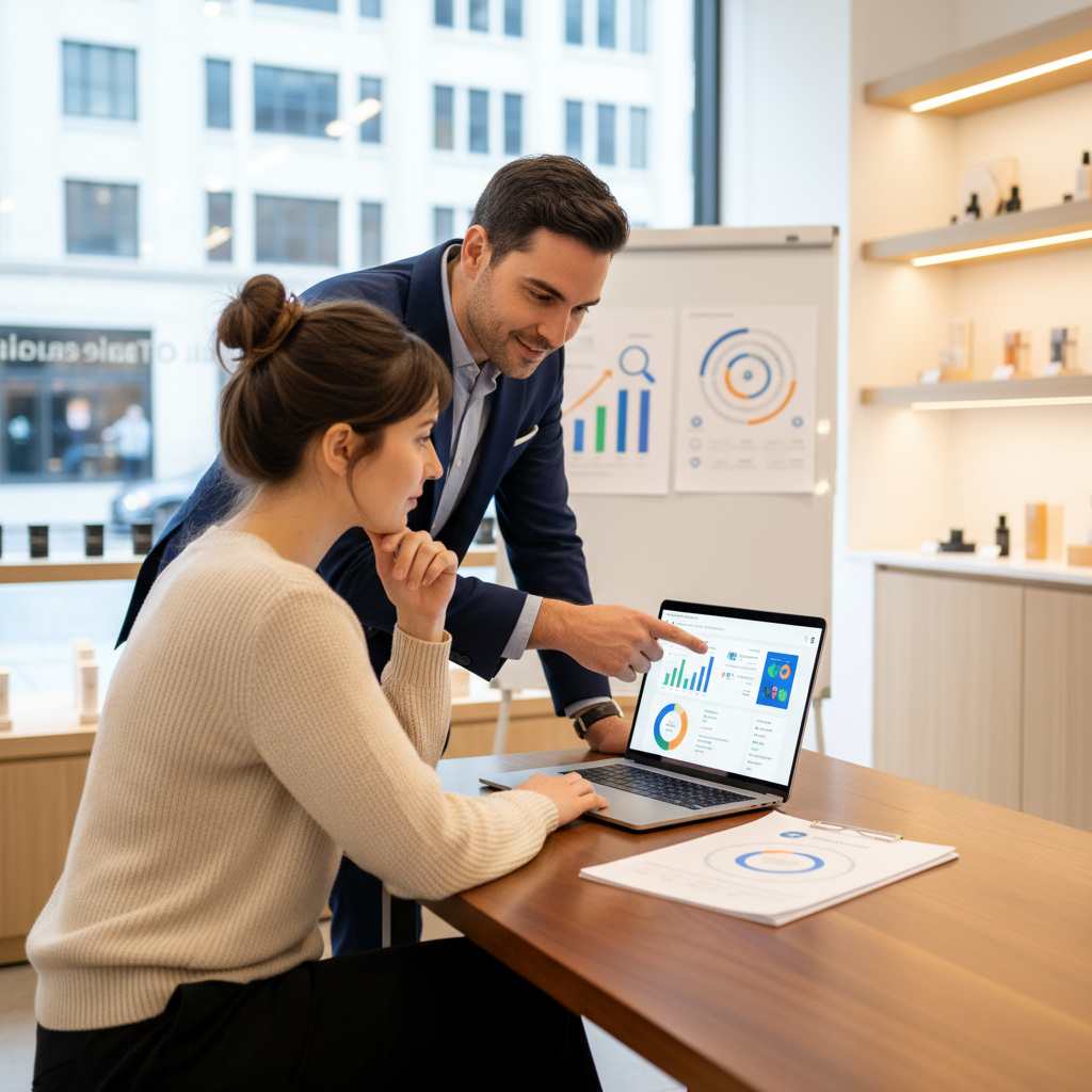Professional local SEO consultant demonstrating services to small business owner in retail storefront using laptop and printed materials.