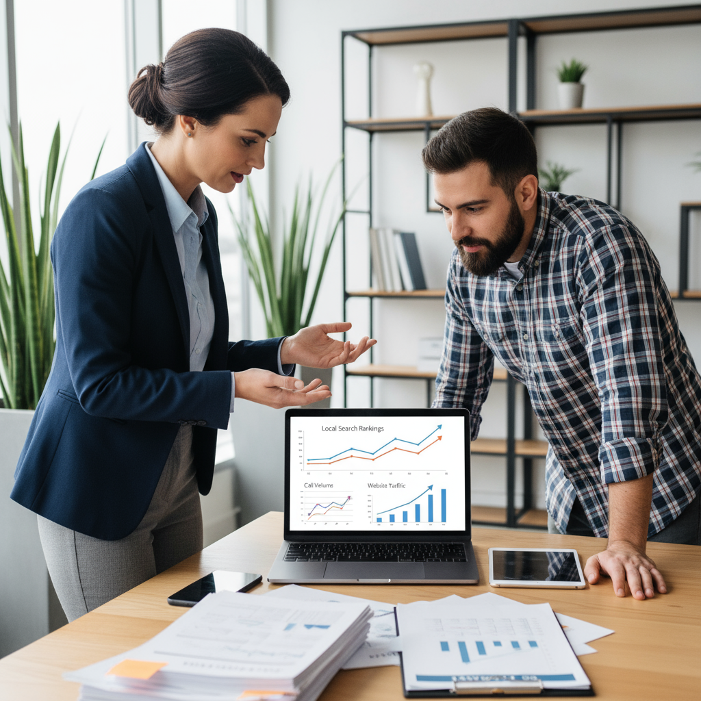 Professional SEO consultant explaining local search analytics to small business owner in modern office
