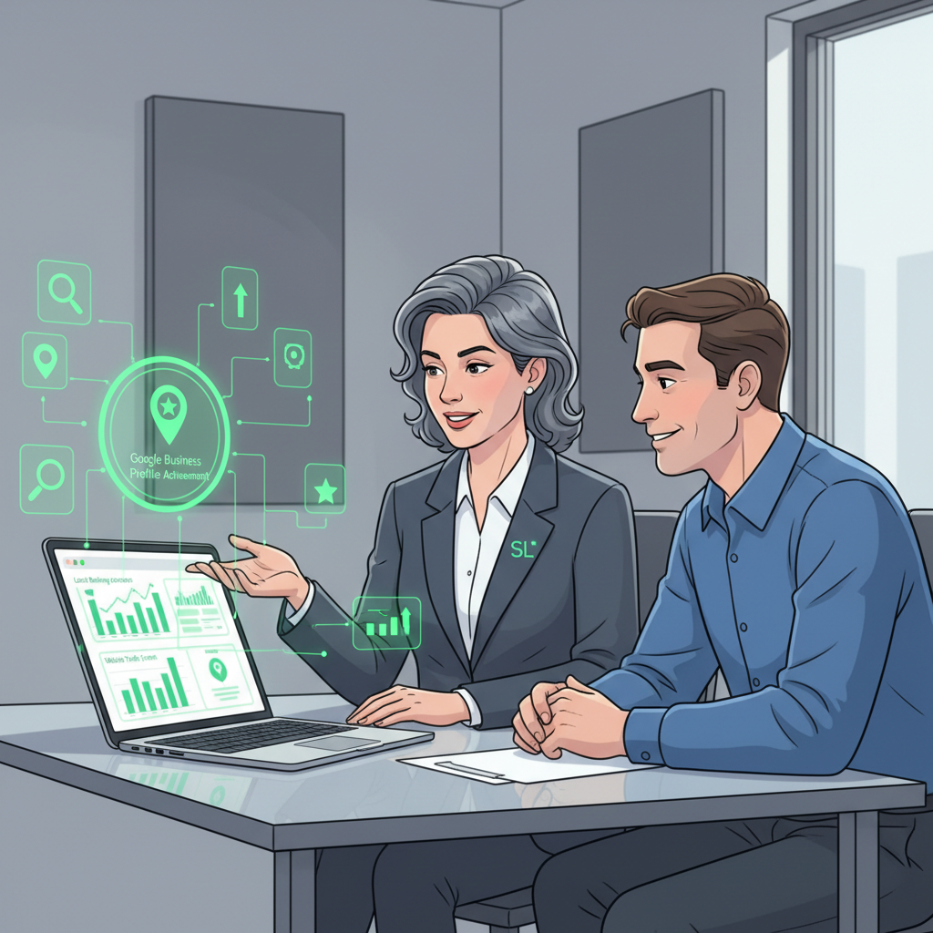 Illustration of SEO expert discussing local search improvements with business owner