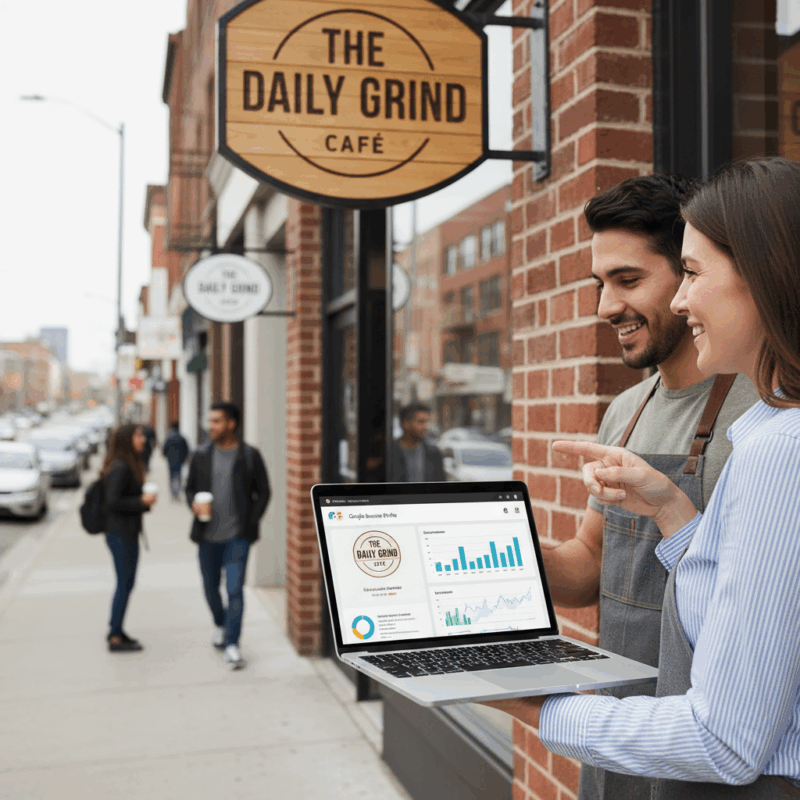 Professional local SEO consultant assisting small business owner during on-site consultation in vibrant neighborhood