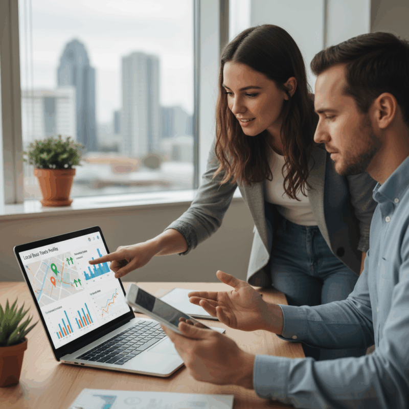 Local SEO professional consulting with business owner on optimization dashboard