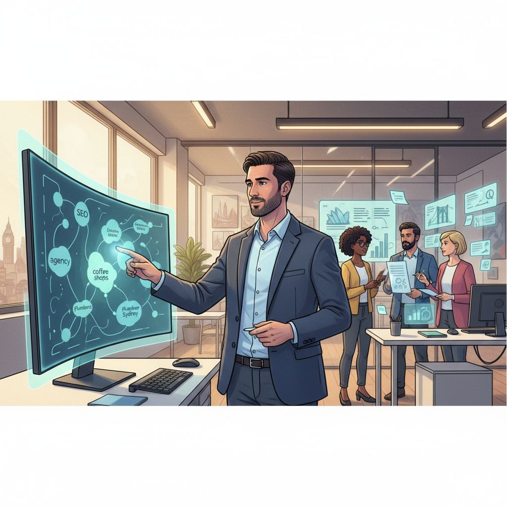 Illustration of SEO professionals collaborating on local keyword analysis in a modern office setting