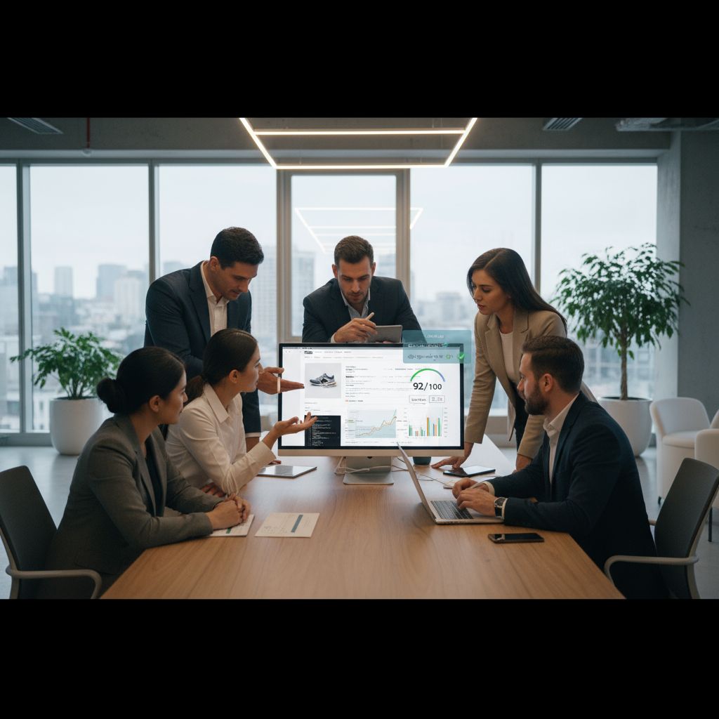 Professional consultant collaborating with ecommerce team on site audit using laptop and monitor