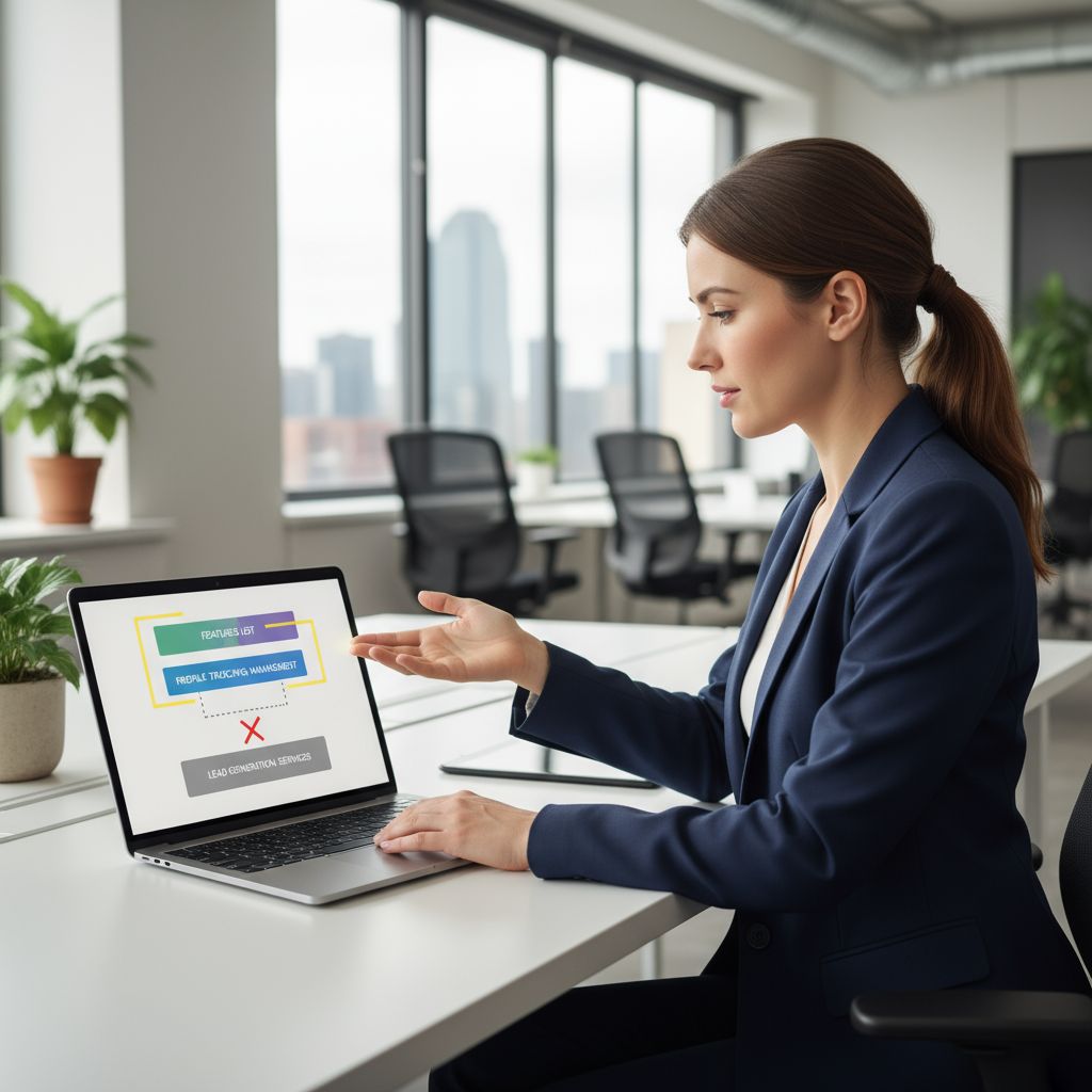 Digital marketing consultant in office pointing to laptop screen with highlighted SEO FAQ sections showing service evaluation mismatch