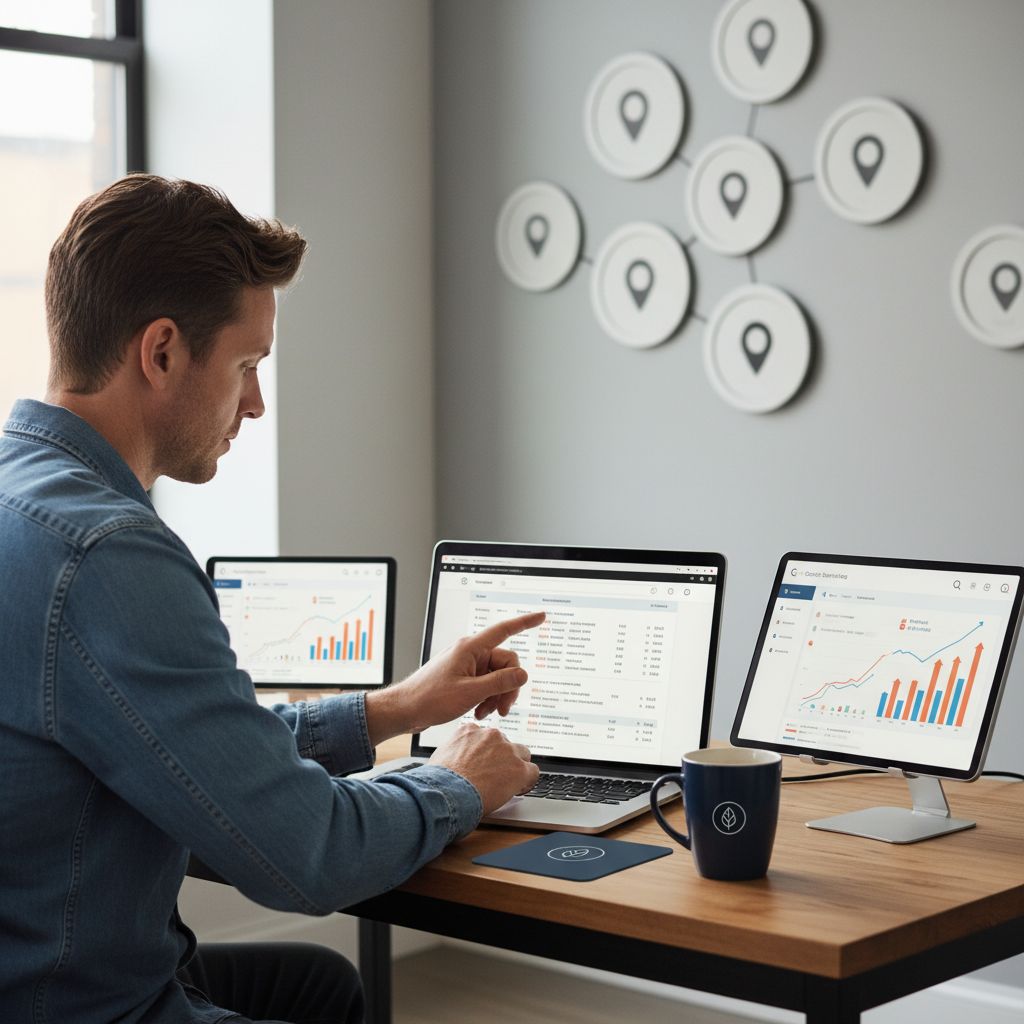 Professional local SEO specialist reviewing strategy and analytics in a modern office setting
