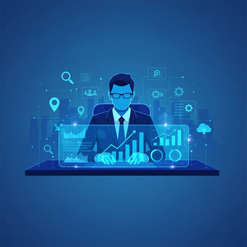 Illustration of SEO expert analyzing local search rankings on dashboard with charts and city backdrop