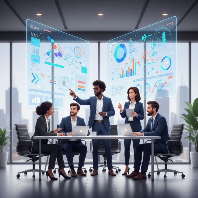 Illustration of SEO experts collaborating on white label local SEO dashboards in modern office