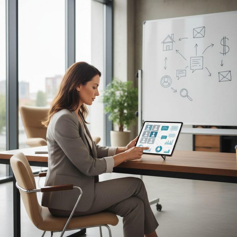 A professional real estate consultant in a bright modern office, displaying a tablet with social network features including profiles, messages, and charts, with a whiteboard showing abstract icons.