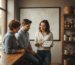 Professional market researcher interacting with local customers using a tablet in a cozy storefront setting