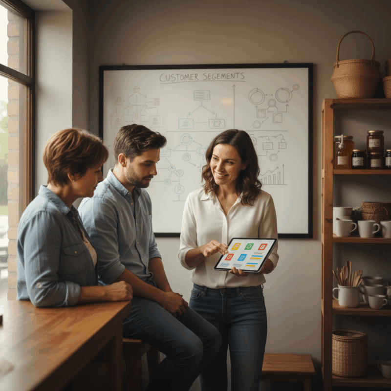 Professional market researcher interacting with local customers using a tablet in a cozy storefront setting