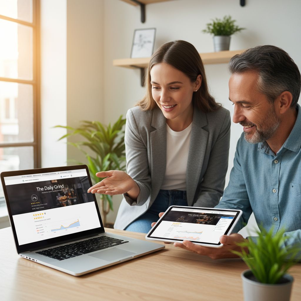 Web development consultant demonstrating responsive website features to a business owner in an office setting