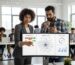Content strategist and business owner reviewing content marketing dashboard in office