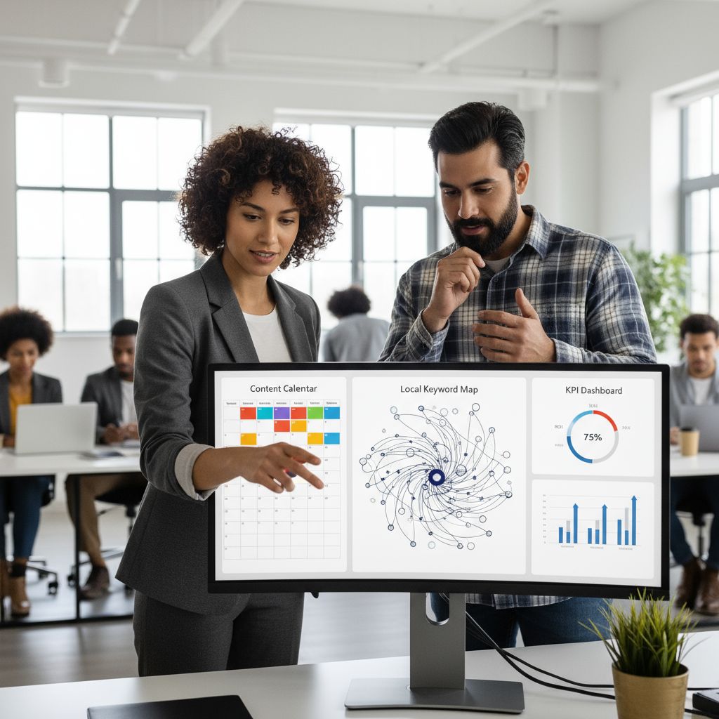 Content strategist and business owner reviewing content marketing dashboard in office