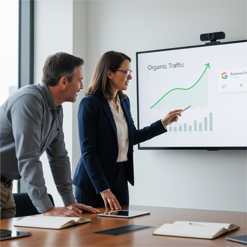 Agency consultant discussing local search metrics with business owner in conference room