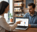 Professional consultant discussing local SEO audit report with small business owner in retail storefront