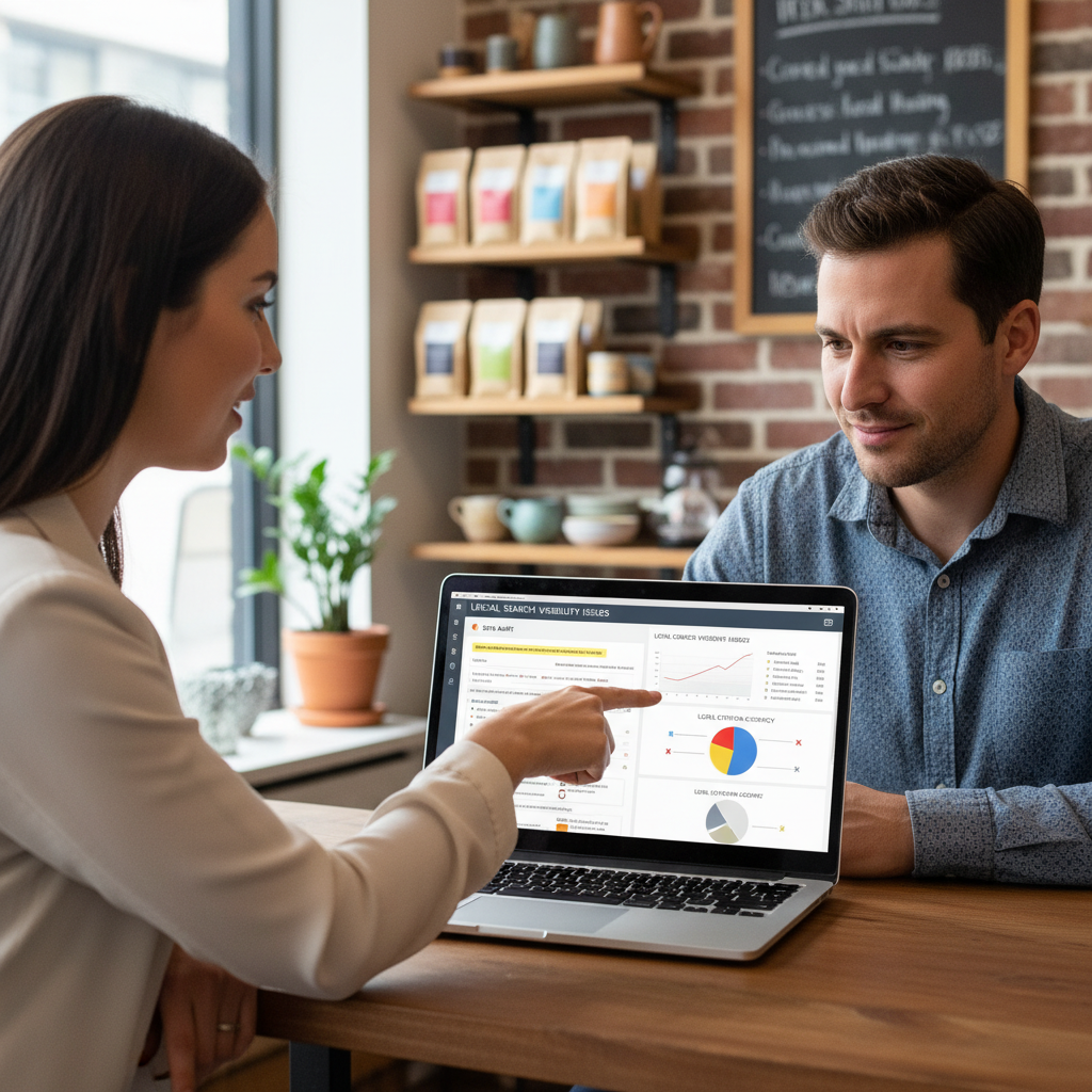 Professional consultant discussing local SEO audit report with small business owner in retail storefront
