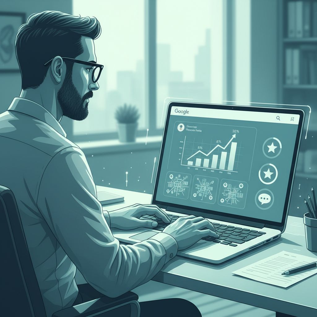 Illustration of SEO professional reviewing local search dashboard metrics in office setting