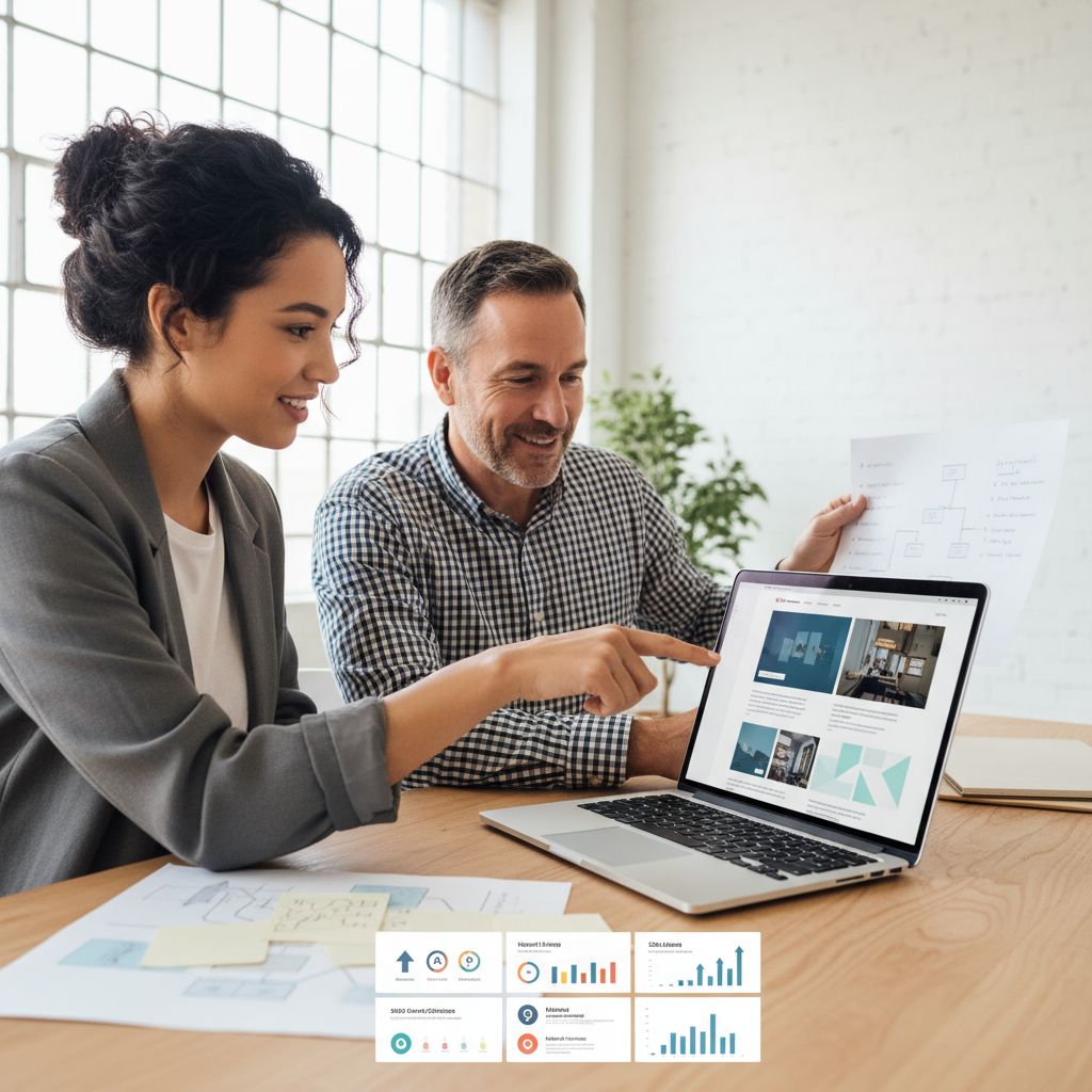 Local web designer and small business owner discussing SEO dashboard in bright studio