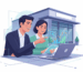 Illustration depicting a business owner and SEO expert discussing local search optimization strategies using digital devices near a retail storefront