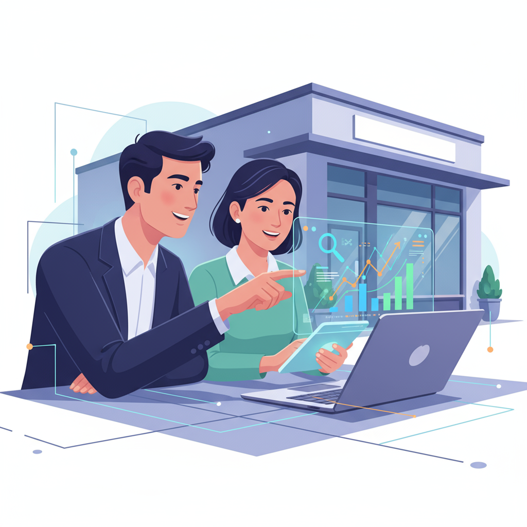 Illustration depicting a business owner and SEO expert discussing local search optimization strategies using digital devices near a retail storefront