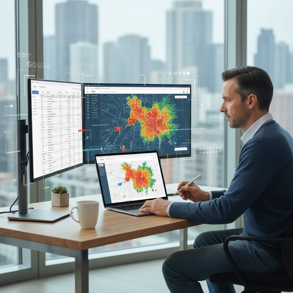 Professional local SEO consultant optimizing Google Business Profile dashboard and reviewing citations on dual monitors