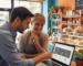 SEO consultant collaborating with business owner on local search optimization using laptop in storefront