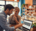 SEO consultant collaborating with business owner on local search optimization using laptop in storefront