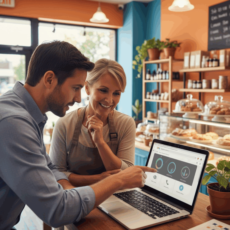 SEO consultant collaborating with business owner on local search optimization using laptop in storefront