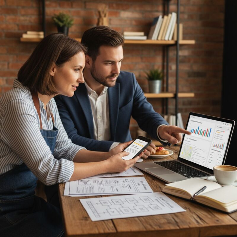Small business owner and SEO consultant reviewing local search tools on laptop
