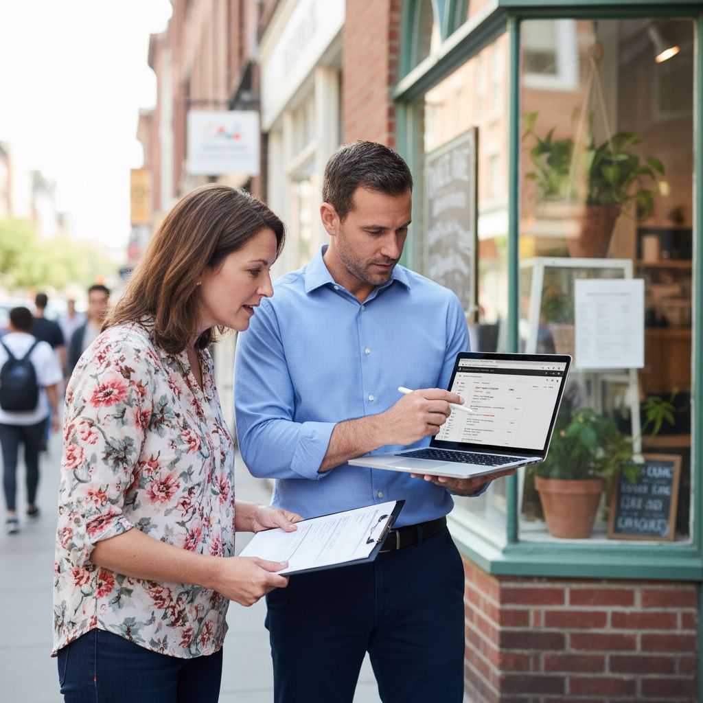 A professional local SEO consultant performing an on-site audit of a Google Business Profile for a small urban storefront, using a laptop and checklist to discuss optimizations with the business owner.