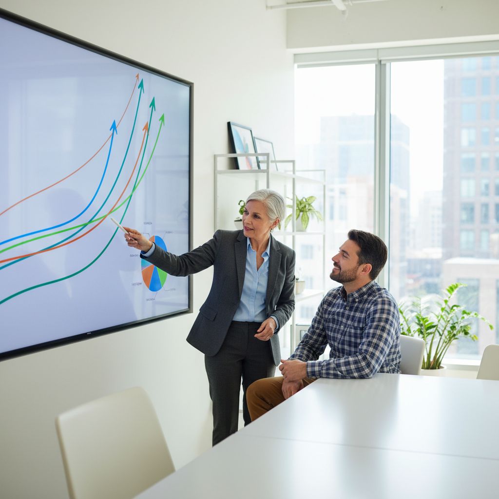 Senior digital marketing consultant discussing SEO performance metrics with local business owner in office