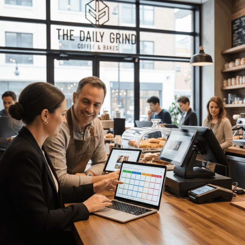 Professional social media manager working with local business owner on content strategy in storefront