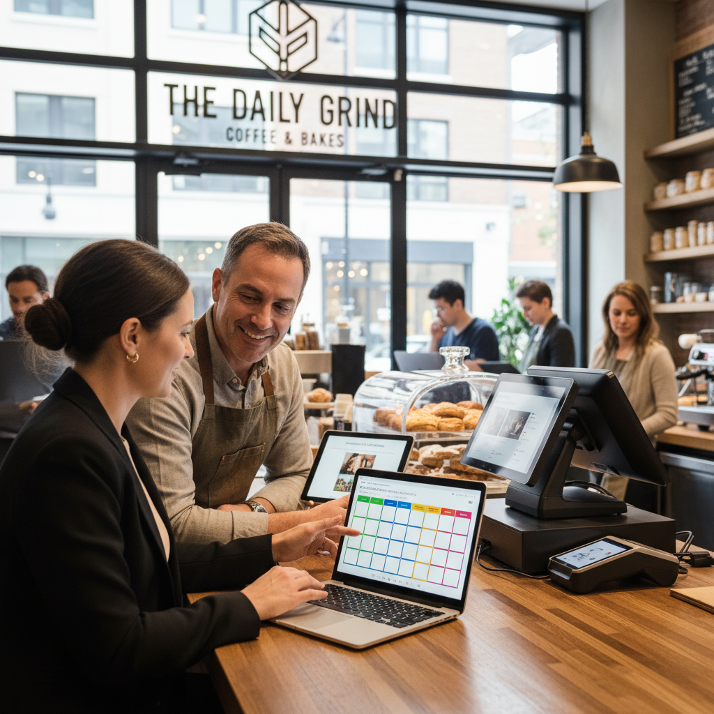 Professional social media manager working with local business owner on content strategy in storefront