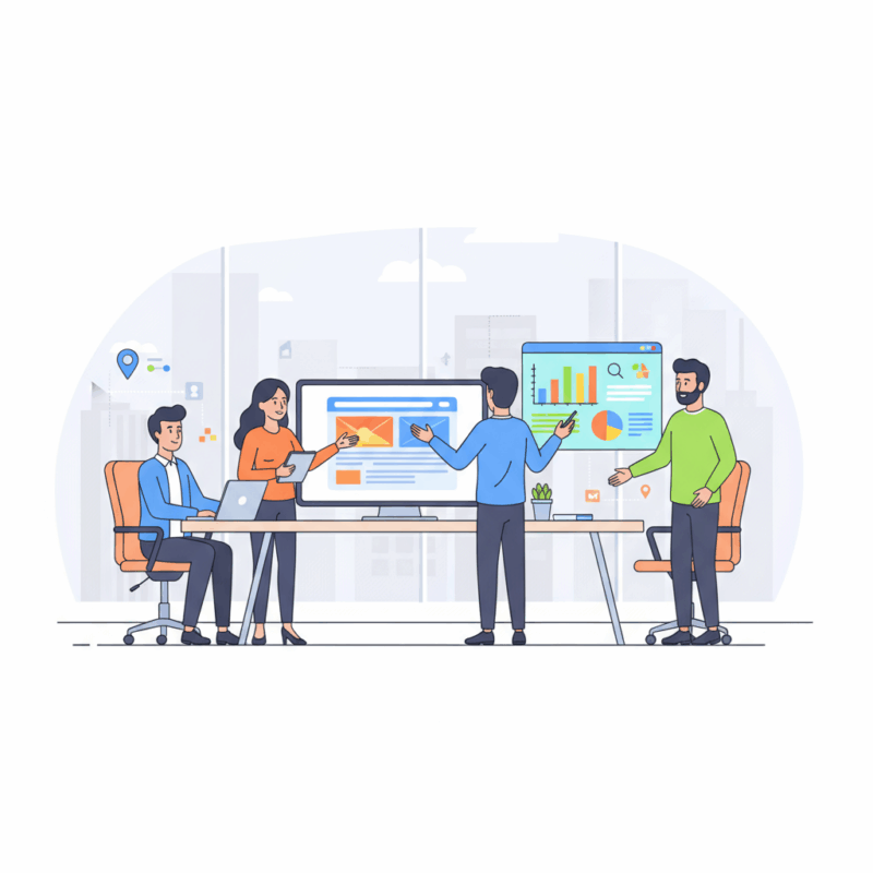 Illustration depicting local SEO professionals collaborating with business owners on optimization strategies