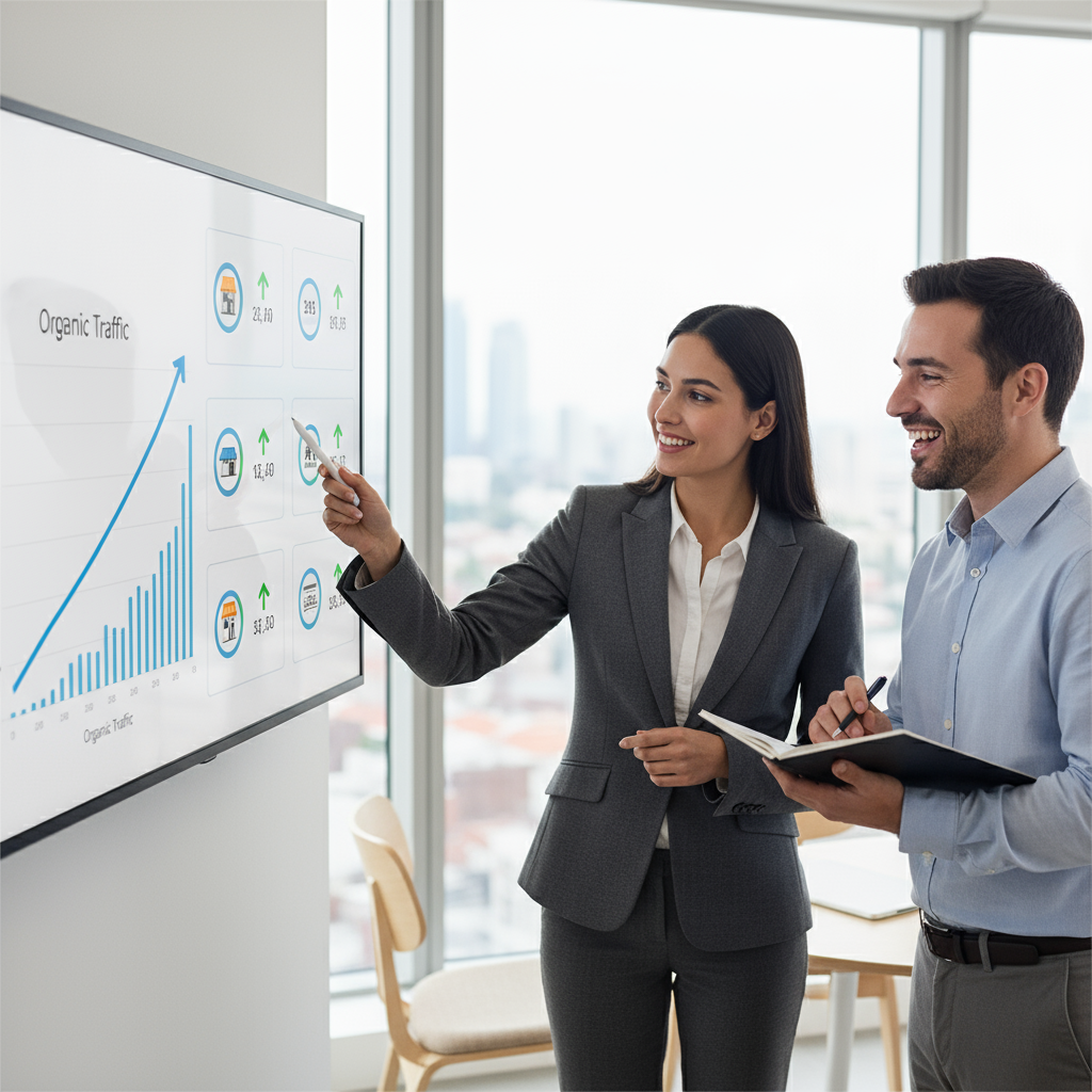 Professional consultant discussing SEO dashboard metrics with small business owner in office