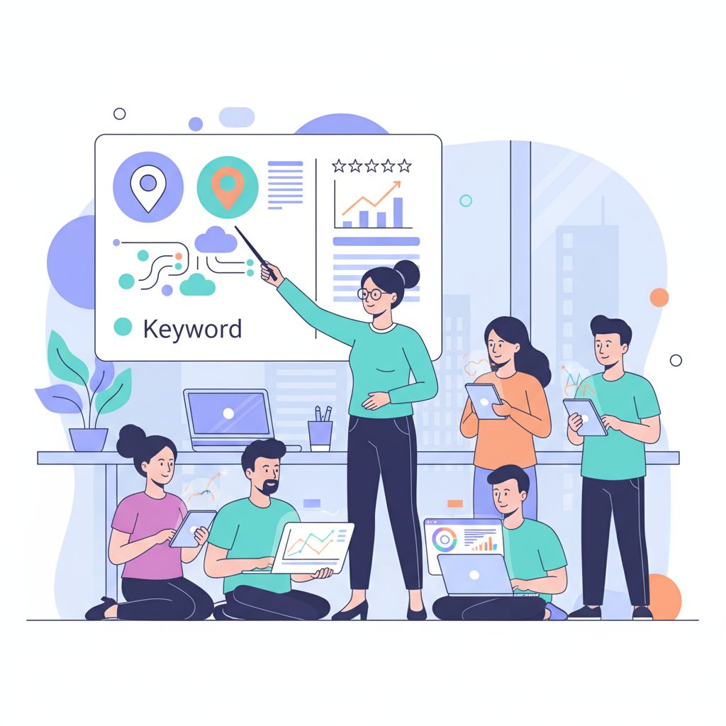 Illustration of diverse SEO team collaborating on local search optimization strategy in office setting