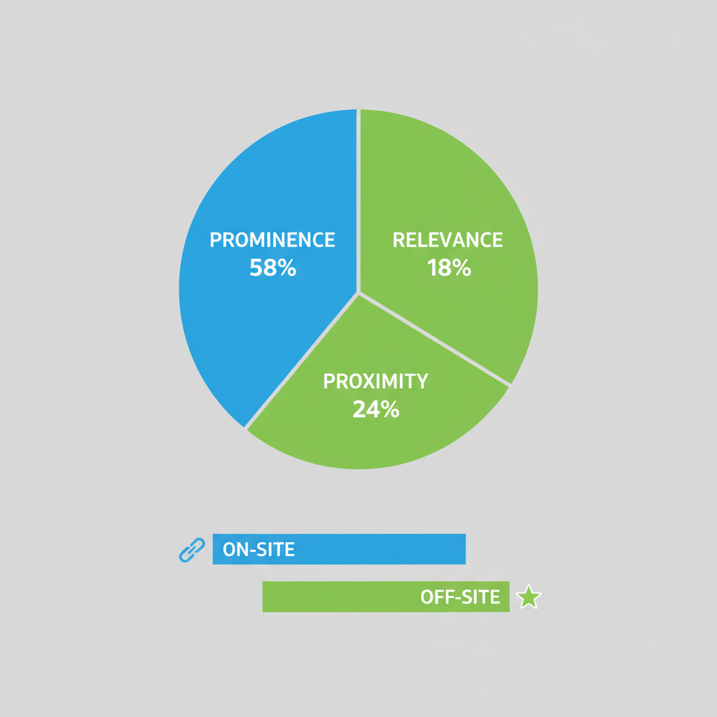 Infographic depicting local search ranking factors including pie chart for proximity, relevance, and prominence percentages, bar chart for on-site and off-site elements, with icons representing links and reviews.
