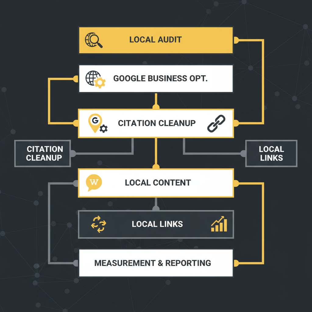 Vertical illustration of six-step local SEO campaign process including audit, optimization, and reporting