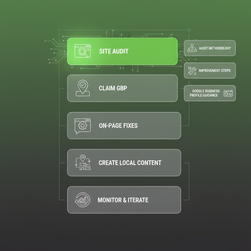 Vertical process flow diagram illustrating six steps of local SEO implementation from audit to monitoring.