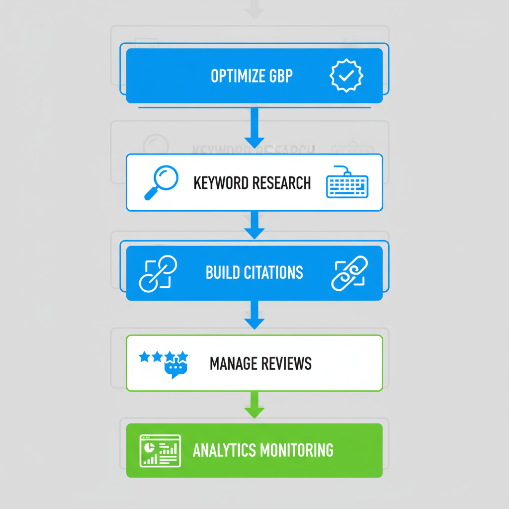 Vertical process flow diagram showing five essential steps for implementing local SEO tactics