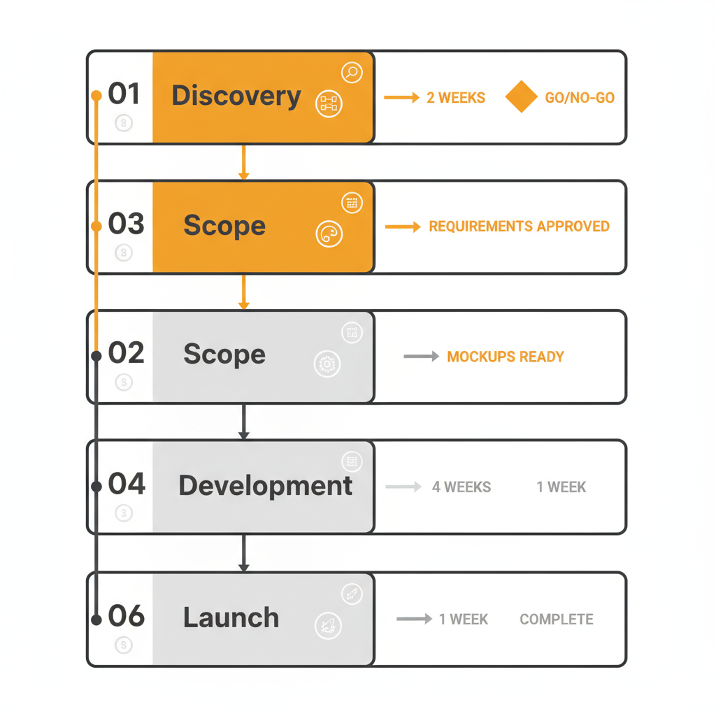 Vertical process flow diagram illustrating six stages of a typical web design project: Discovery, Scope, Design, Development, QA, and Launch with KPI callouts.