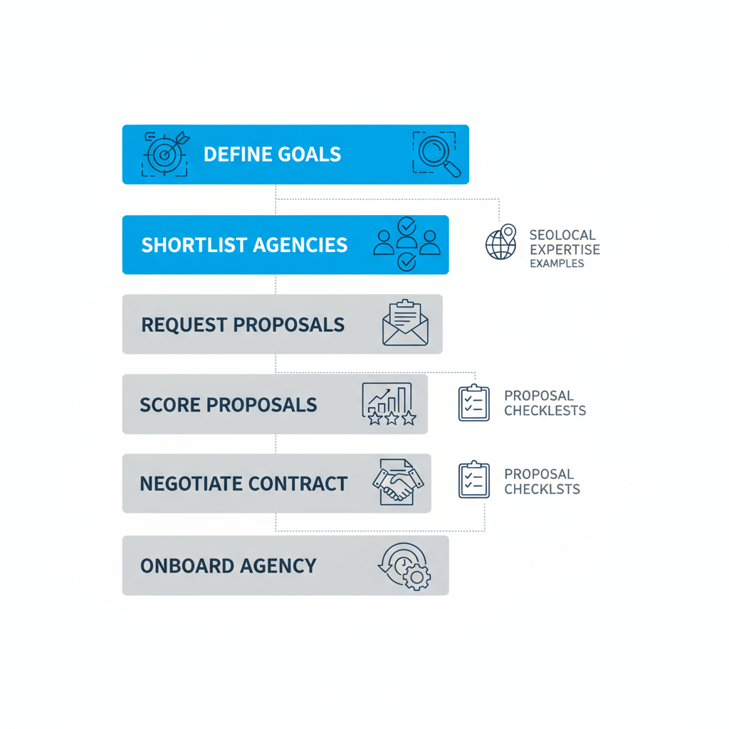 Vertical infographic illustrating the six-step process for choosing a local SEO agency, featuring icons for defining goals, shortlisting options, requesting and scoring proposals, negotiating contracts, and onboarding.