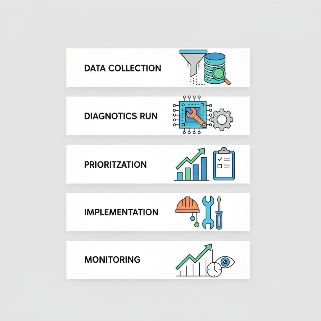 Vertical infographic illustrating a five-step local SEO audit process: data collection, diagnostics, prioritization, implementation, and monitoring.