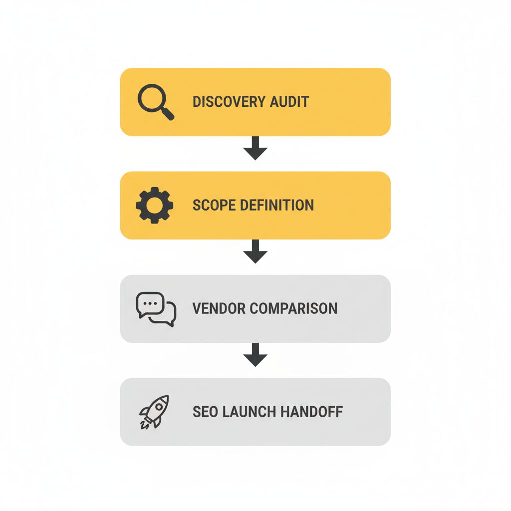 Vertical flowchart showing five steps to select a website design partner for local SEO