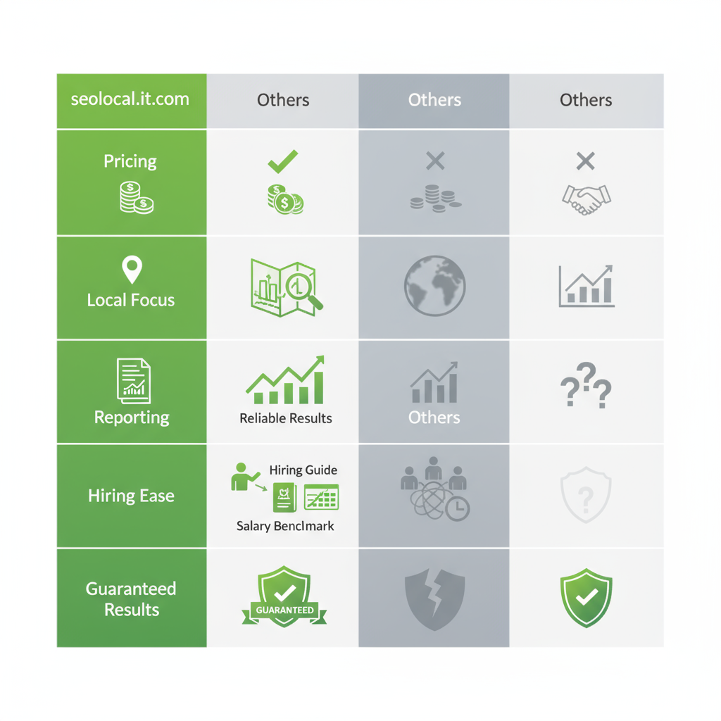 Vertical infographic matrix comparing seolocal.it.com to SEO alternatives across pricing, local focus, reporting, hiring ease, and guaranteed results with icons and color highlights