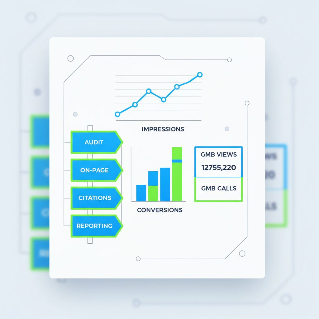 Dashboard illustration displaying local SEO metrics charts and vertical campaign process flow stages