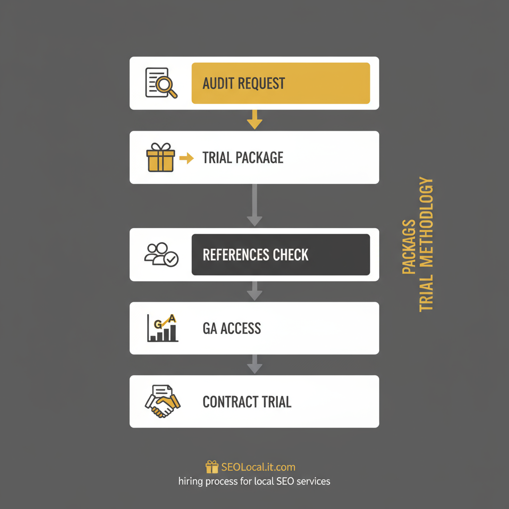 Vertical process flow illustrating the five-step hiring decision checklist for SEOLocal.it.com local SEO services