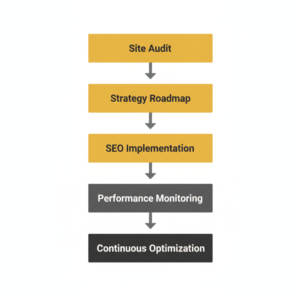 Vertical process flow illustrating SEOLocal's five-step onboarding for local SEO: site audit, strategy roadmap, implementation, monitoring, and optimization.